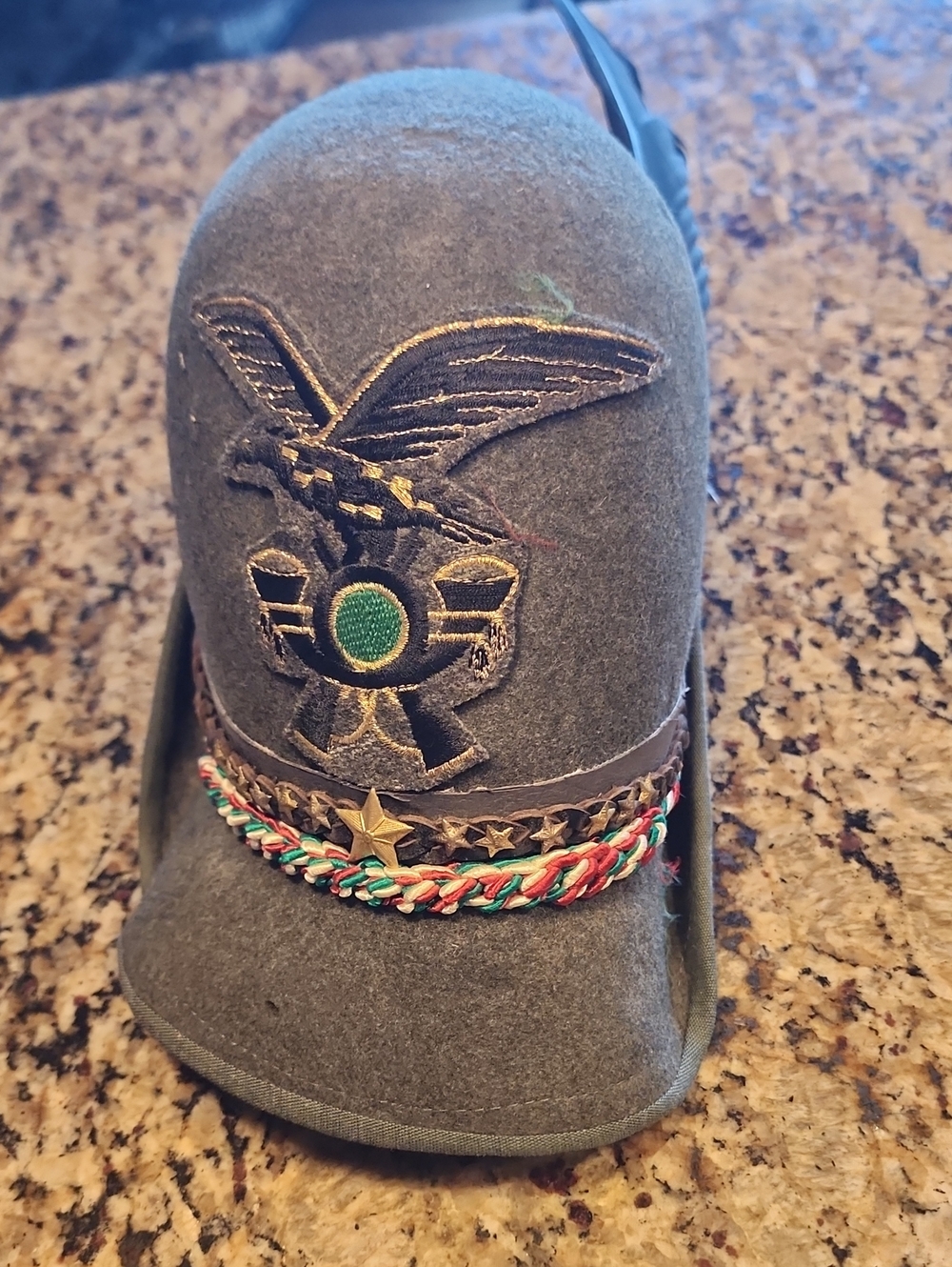 Vintage Italian Gray Green Felt Alpine Hat with Eagle Emblem and Braided Trim